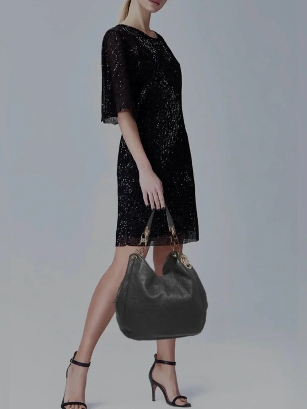 Michael Kors Black Pebbled Leather Fulton Hobo Shoulder Bag with Gold Hardware